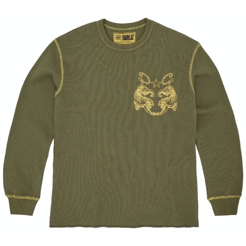 Khaki Corteiz Tiger Contrast Waffle Longsleeve Sweatshirt | UAE000091