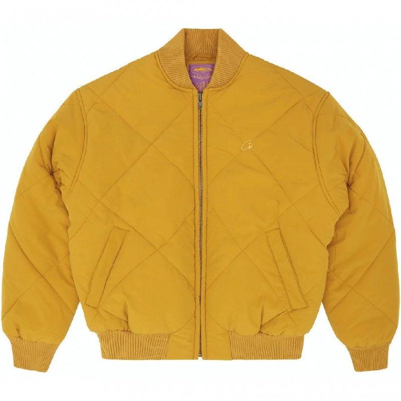 Yellow Corteiz Olde English Quilted Bomber Jacket | UAE000160